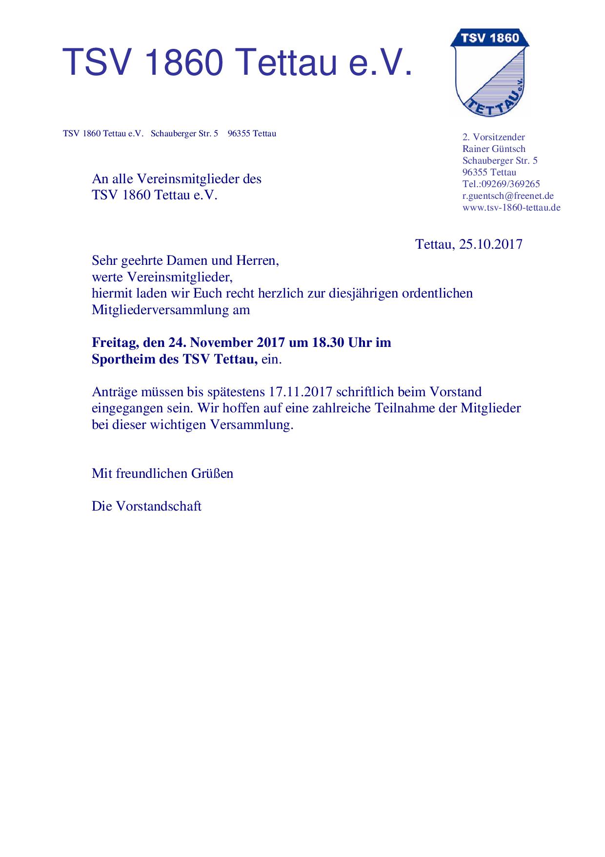 Einladung Jahreshauptversammlung 2017