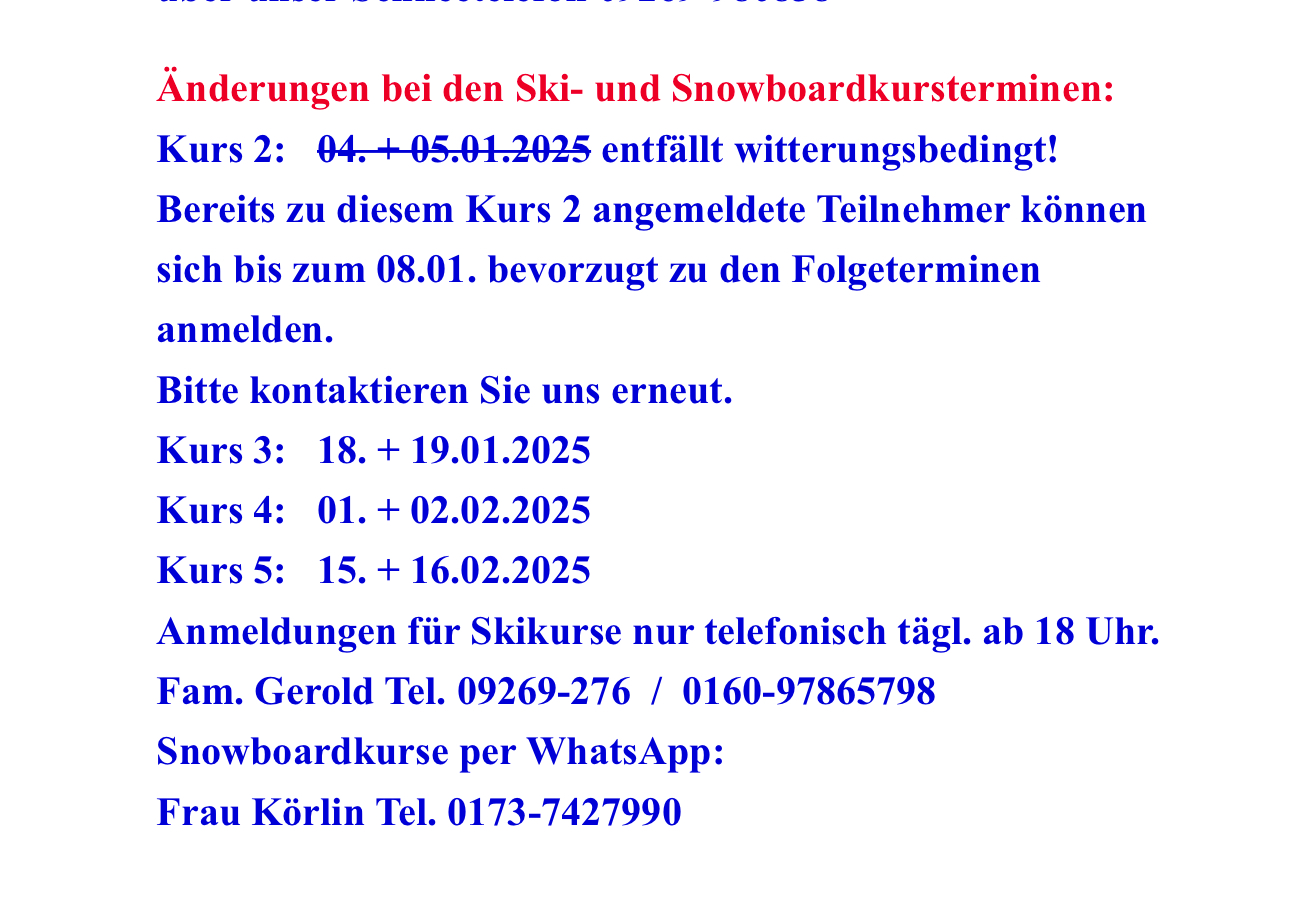 Bitte um Beachtung, Ski-/Snowboardkurs 2 witterungsbedingt abgesagt