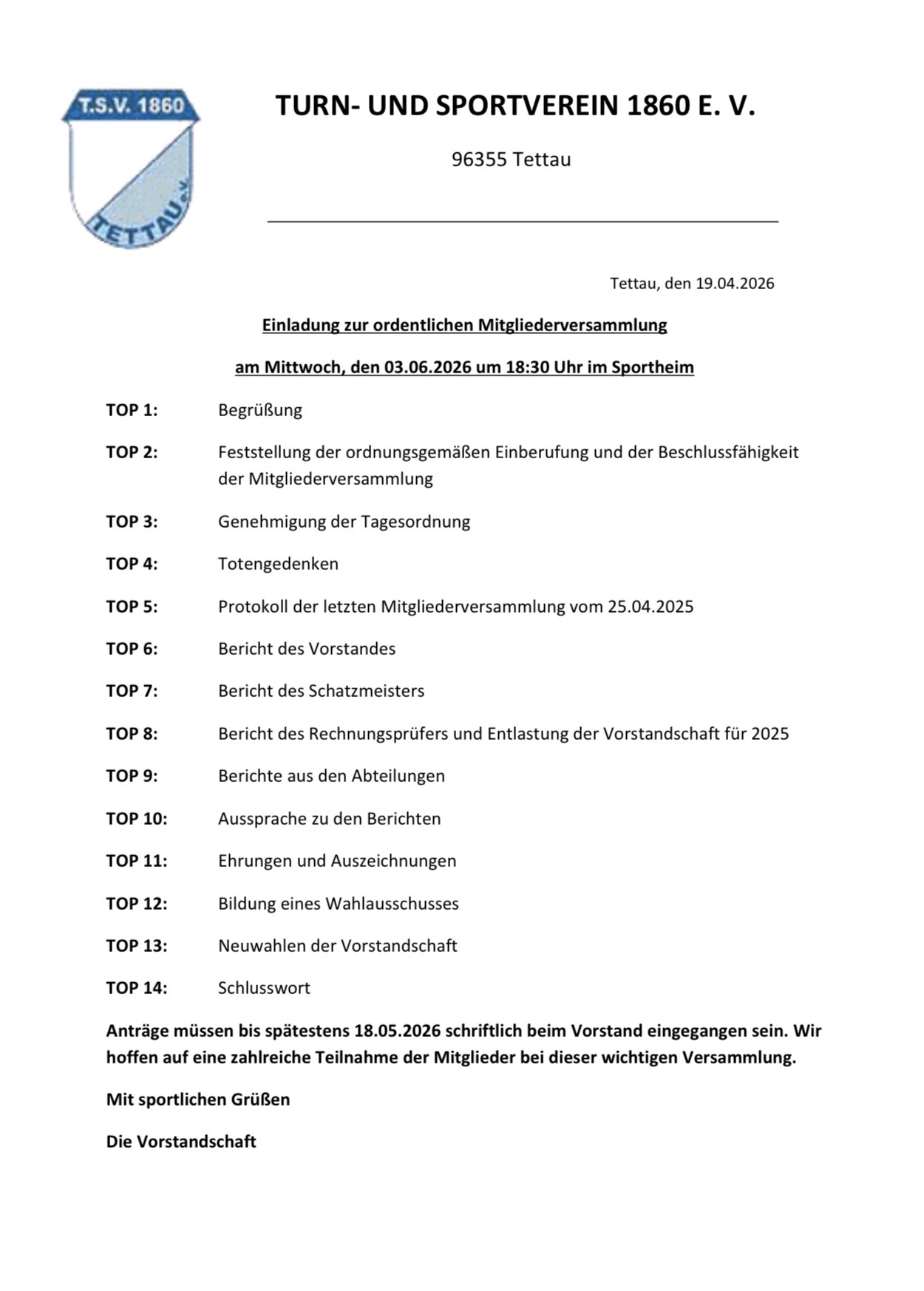 Einladung zur diesjährigen Jahreshauptversammlung